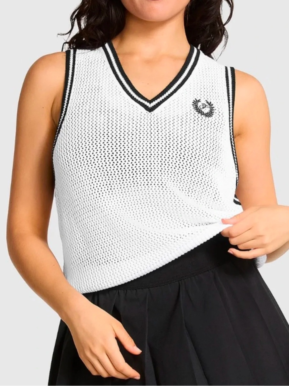 PINK Victoria's Secret White Mesh V-Neck Sweater Vest with Black Trim